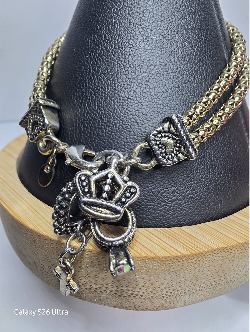 Premier Designs 2 Strand Charm Bracelet Crown Heart Silver Tone